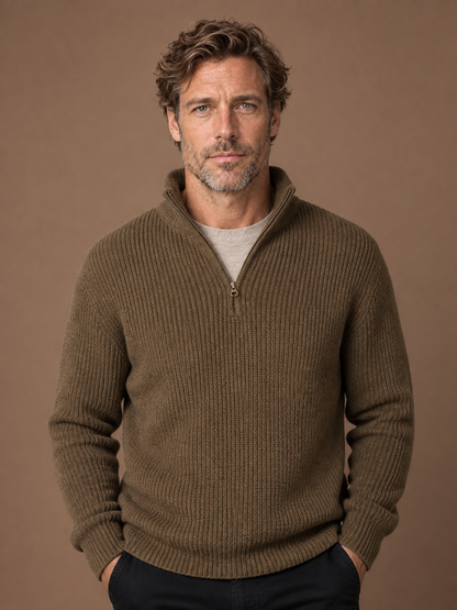 Men's Ribbed Quarter Zip Sweater - Knitted Warm Jumper with High Neck - Brown