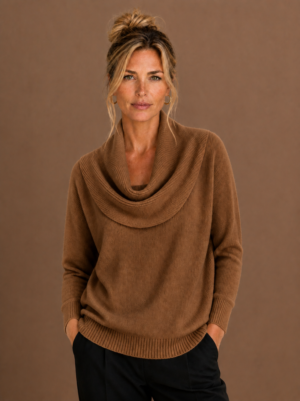 Women's Cowl Neck Knit Sweater Relaxed Pullover - Brown