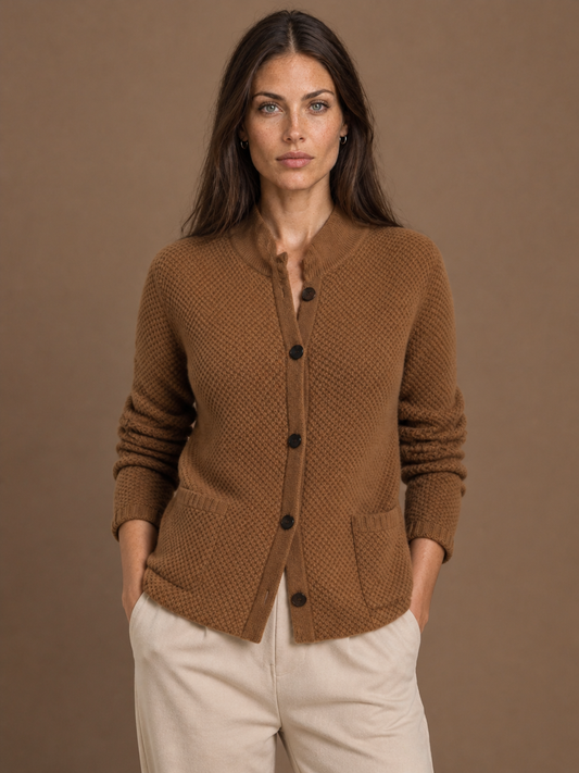 Cashmere Cardigan Women's Waffle Knit Tailored Button-Front Beige, Brown or Grey - Brown