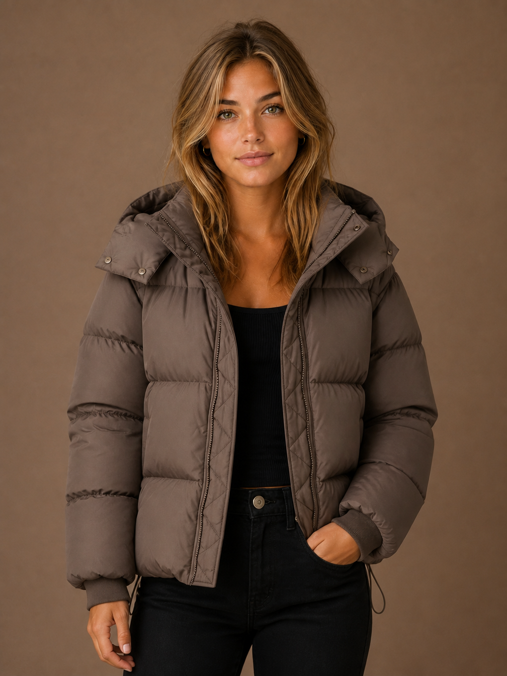 Women's Oversized Hooded Puffer Jacket – Short Padded Winter Coat - Brown