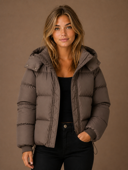 Women's Oversized Hooded Puffer Jacket – Short Padded Winter Coat - Brown