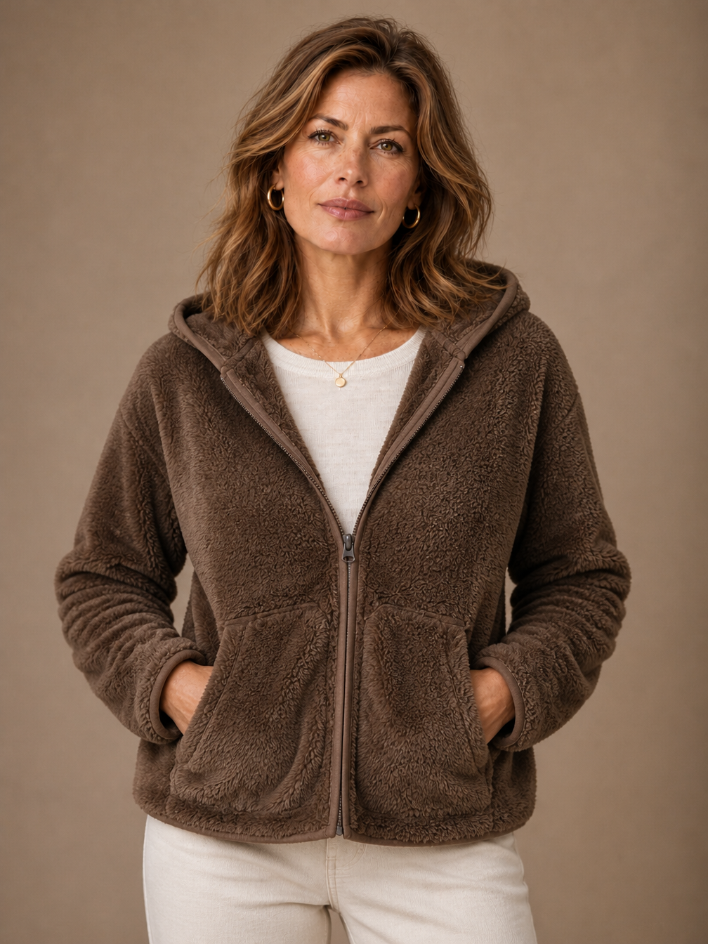Women's Plush Fleece Hoodie Jacket with Zip Closure and Deep Side Pockets - Brown