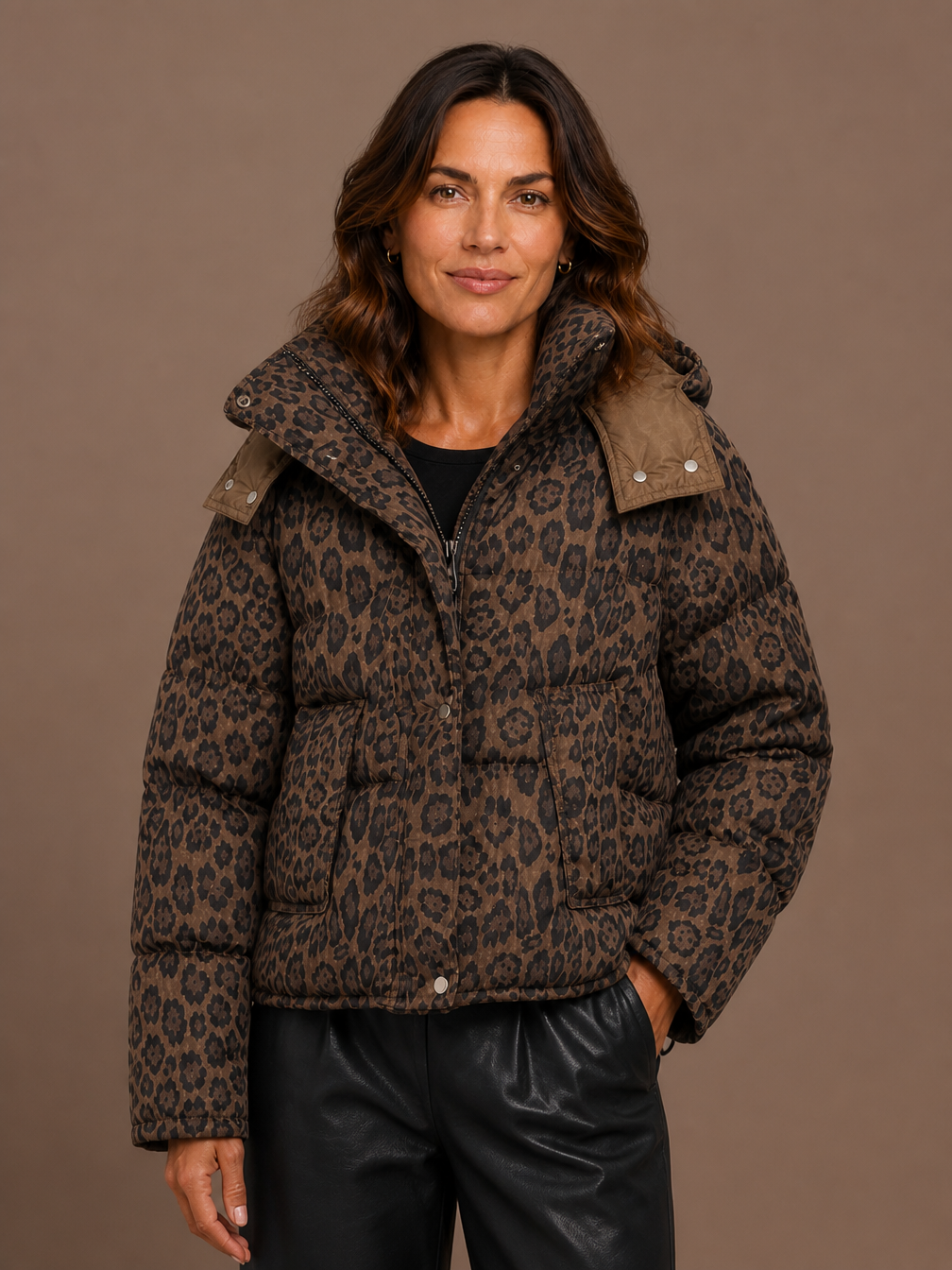 Women's Leopard Print Quilted Puffer Jacket - Front Zip Animal Print Insulated Coat - Brown