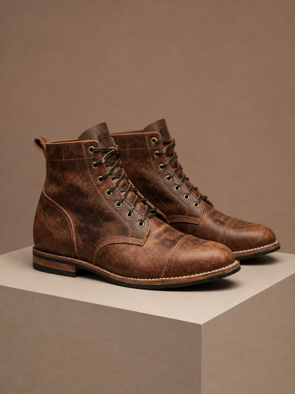 Men's Vintage Leather Ankle Boots with Lace-Up Front and Cap Toe - Brown