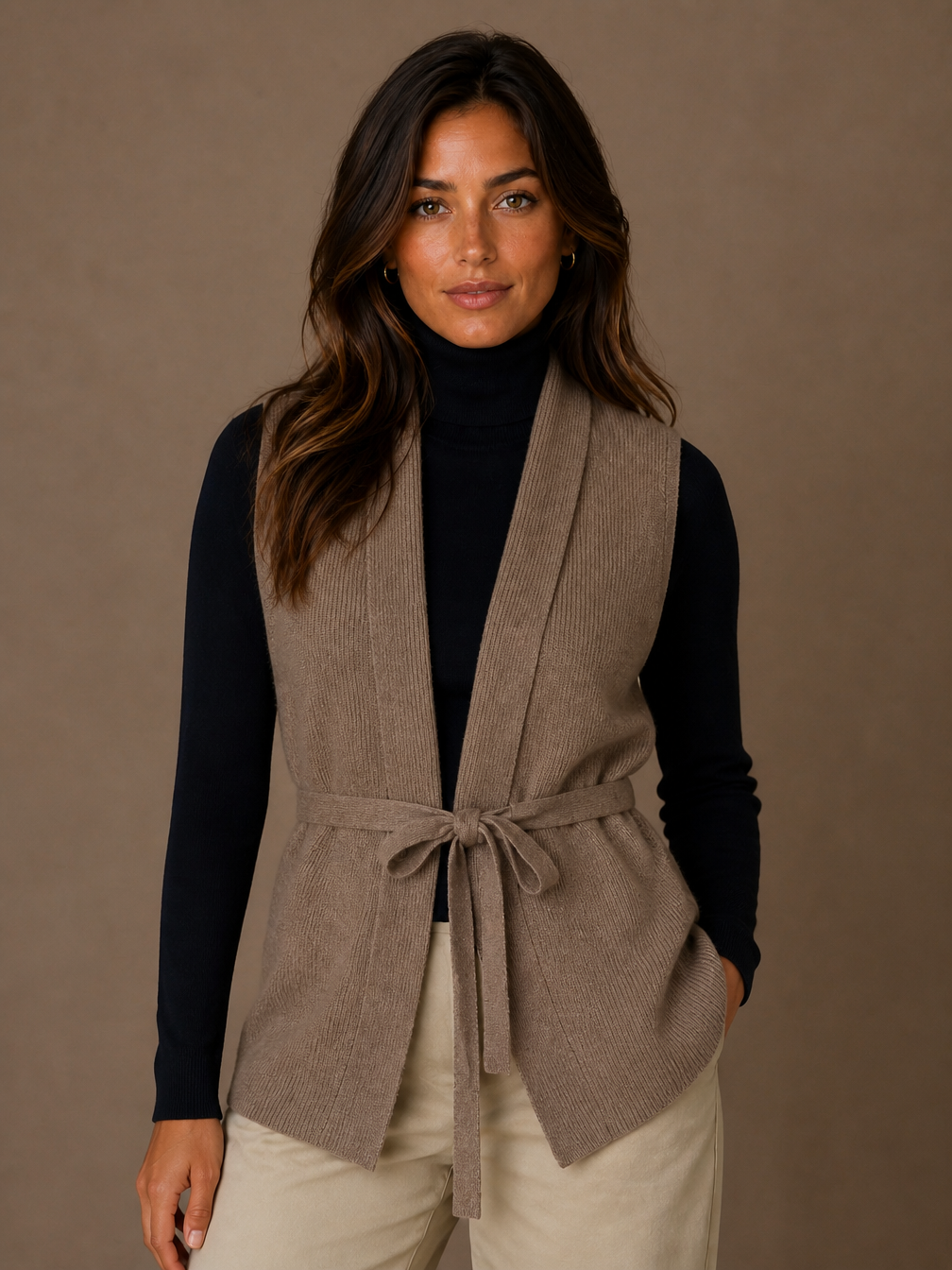 Women's Wool Cashmere Cardigen - Waistcoat Knit Layering Vest with Tie Belt - Brown