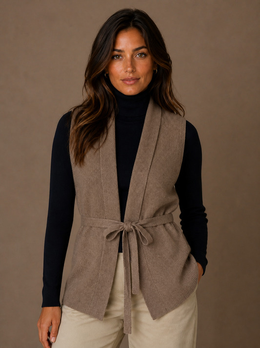 Women's Wool Cashmere Cardigen - Waistcoat Knit Layering Vest with Tie Belt - Brown