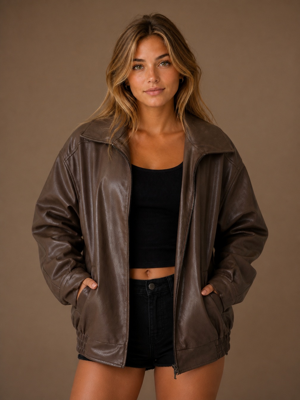 Women's Oversized PU Leather Jacket, Casual Brown or Black Faux Leather Coat - Brown