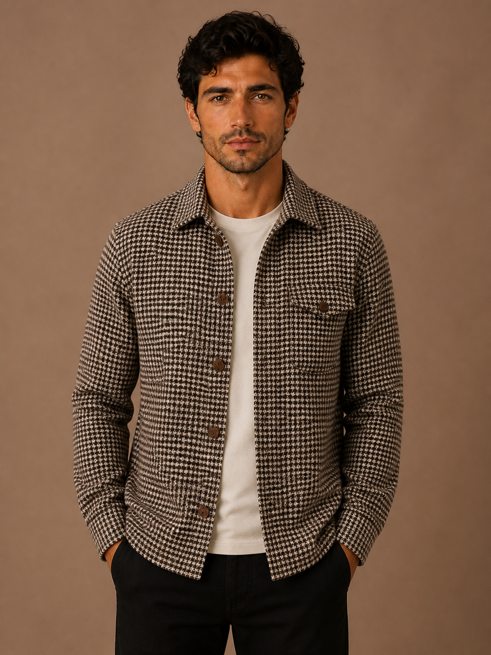 Men’s Houndstooth Shirt Jacket with Button Front - Long Sleeved Overshirt for Layering - Brown