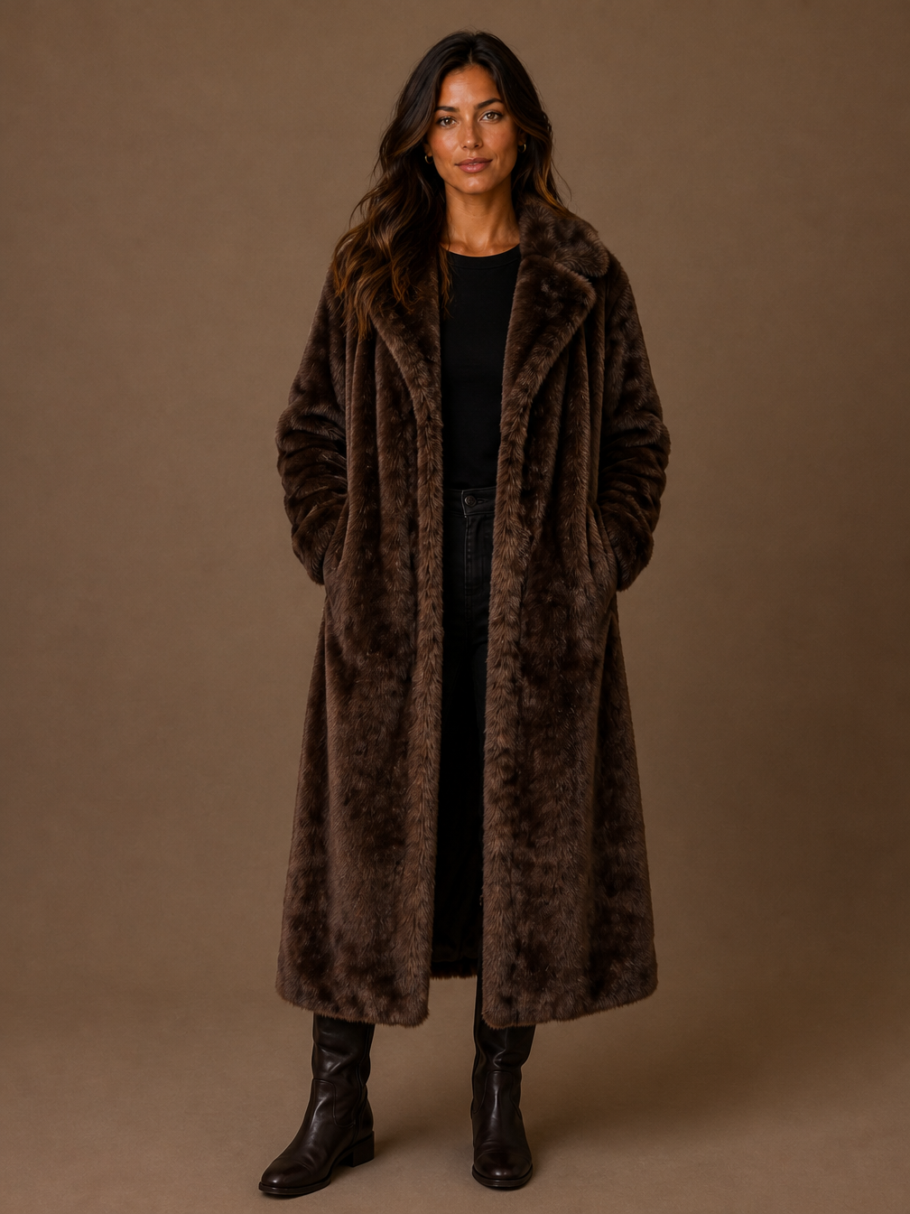 Women's Long Faux Fur Trench Coat Brown Relaxed Fit Double-Breasted Front - Brown
