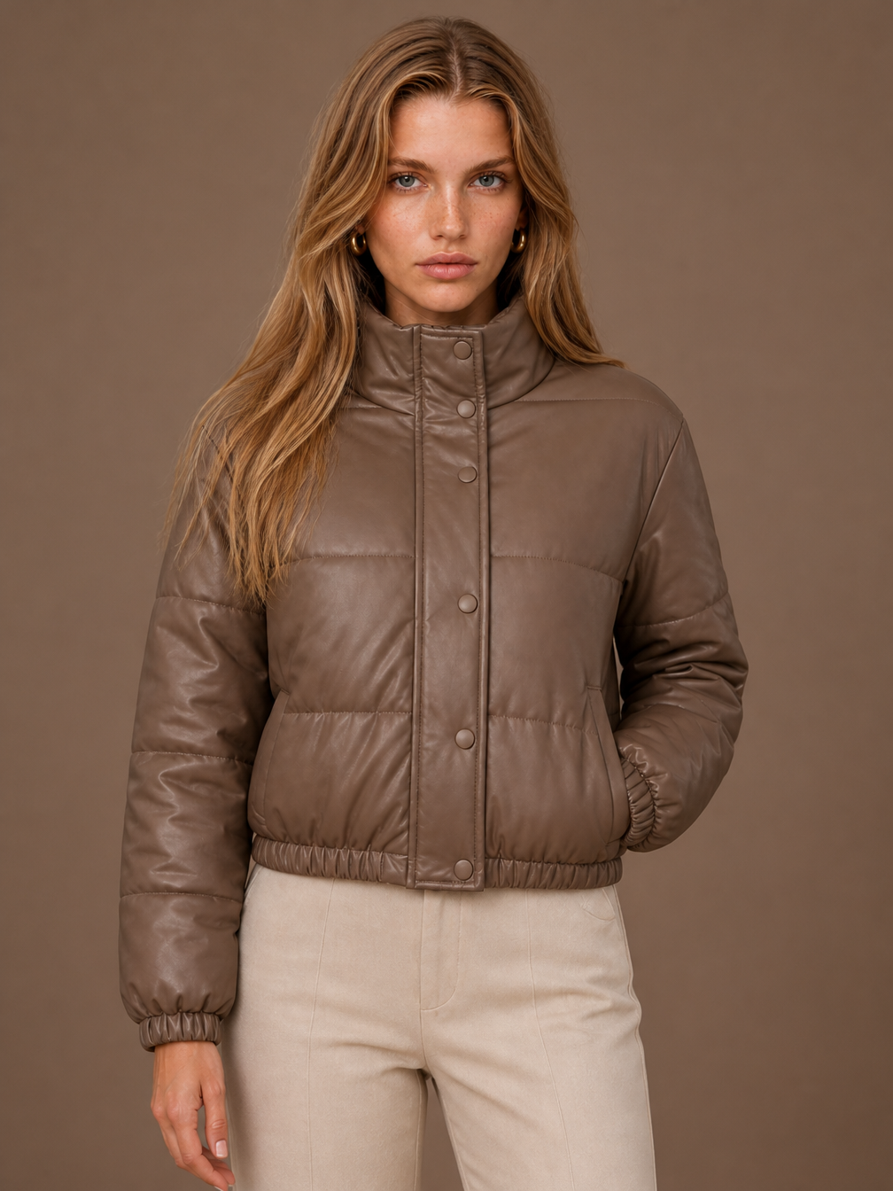 Women's Faux Leather Puffer Jacket - Cropped Quilted Padded Winter Coat - Brown