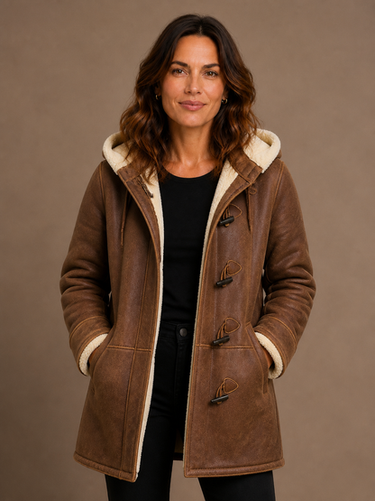 Women's Duffle Coat - Brown Hooded Fleece Winter Jacket - Brown