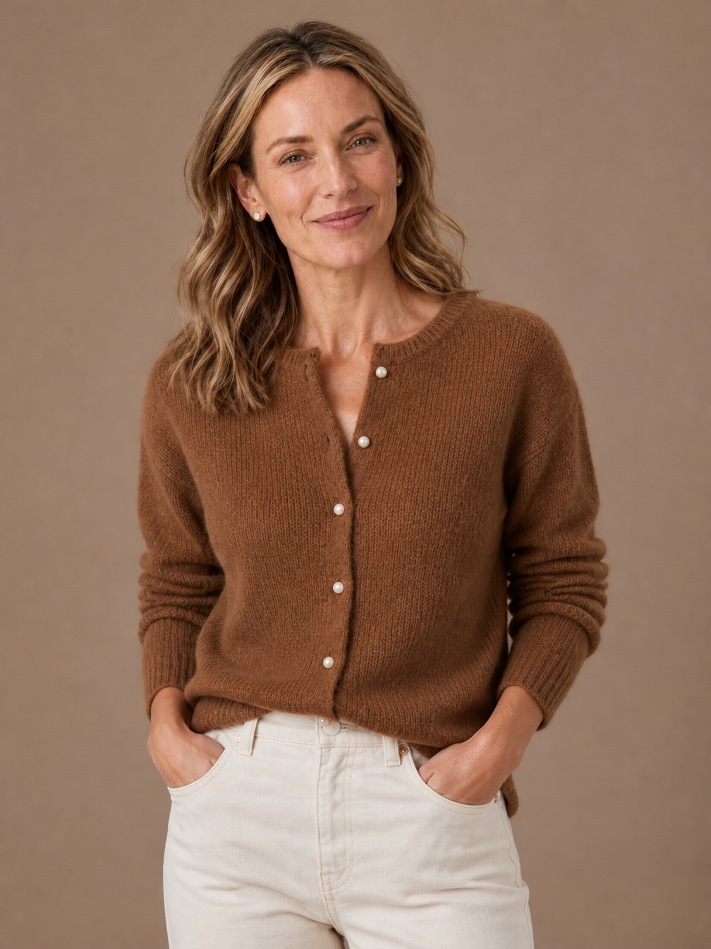 Women’s Soft Knit Cardigan - Soft Cashmere Look Sweater with Long Sleeve - Brown