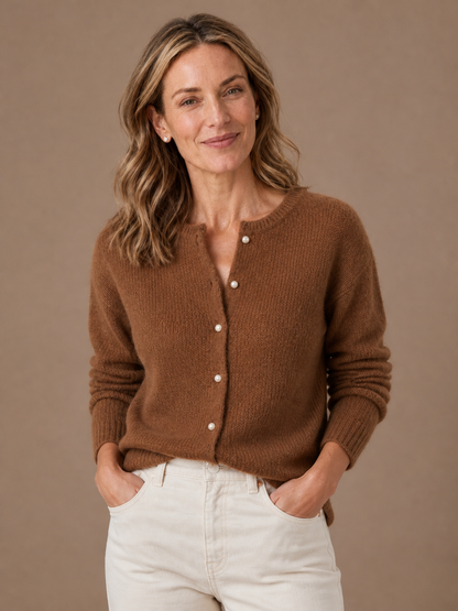 Women’s Soft Knit Cardigan - Soft Cashmere Look Sweater with Long Sleeve - Brown