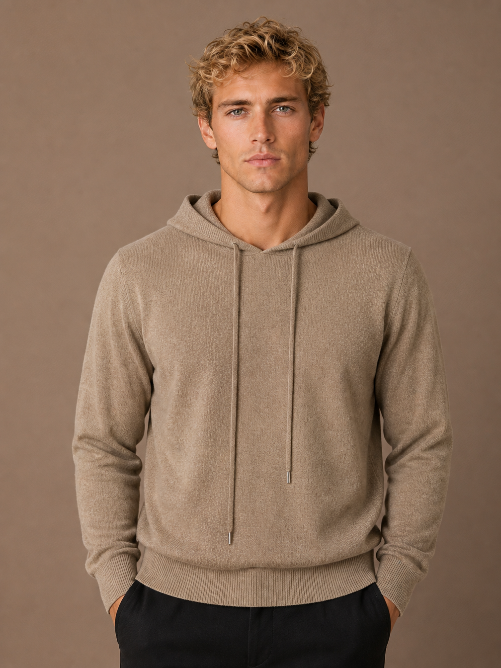 Men’s Pullover Hoodie with Adjustable Hood and Ribbed Cuffs - Brown