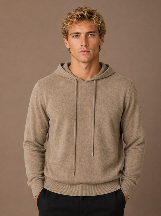 Men’s Pullover Hoodie with Adjustable Hood and Ribbed Cuffs - Brown