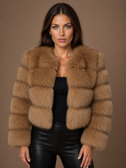 Women's Faux Fur Cropped Jacket – Plush Winter Coat with Relaxed Fit - Brown