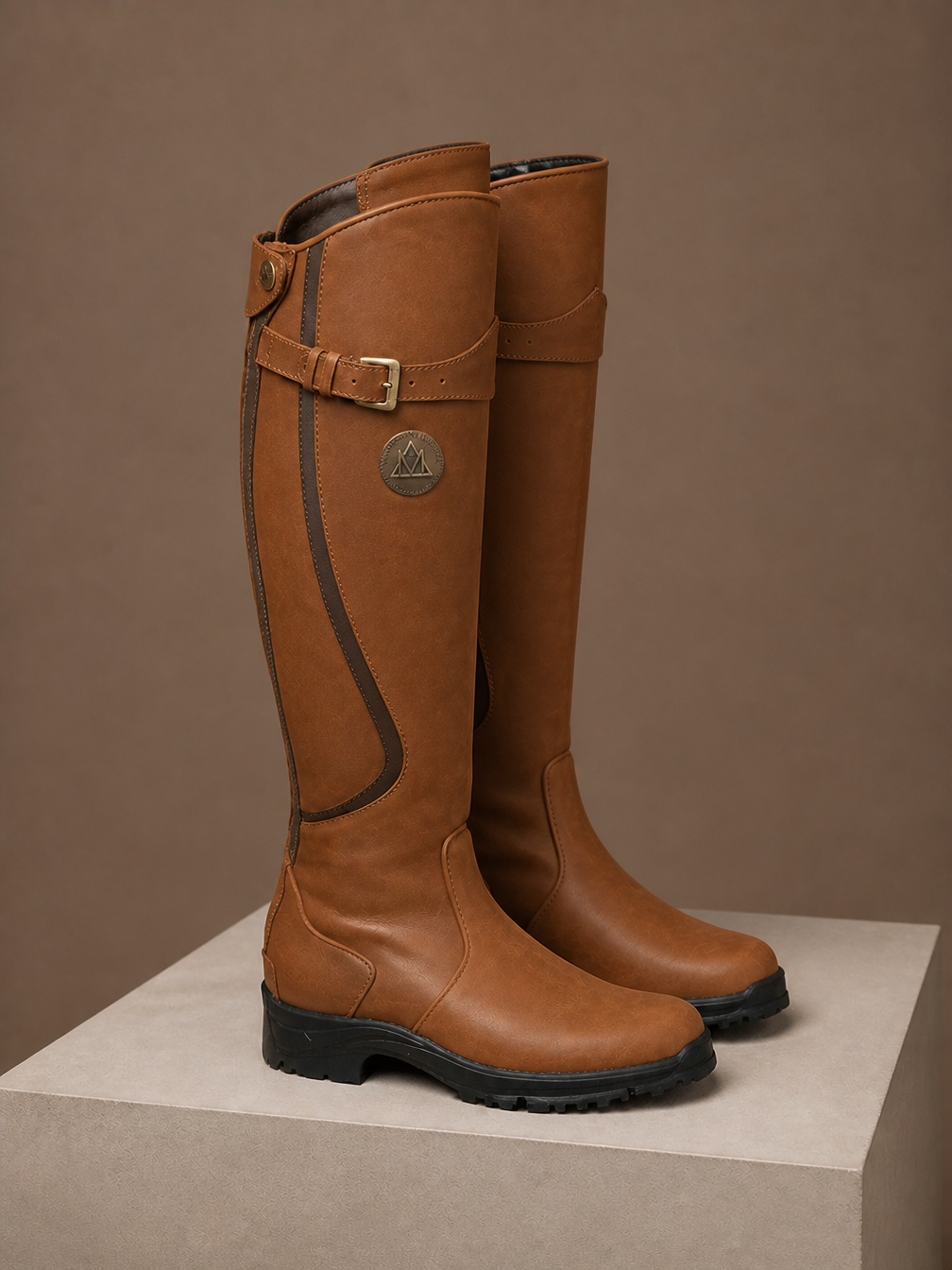 Women’s Brown Knee High Boots – Faux Leather, Buckle Detail, Riding Style - Brown