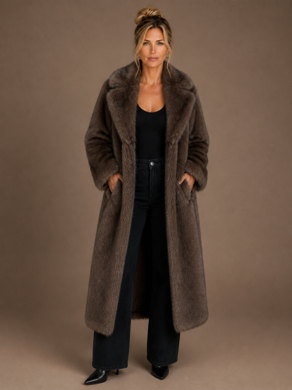 Women's Long Faux Fur Coat - Oversized Warm Dark Brown Winter Jacket - Brown