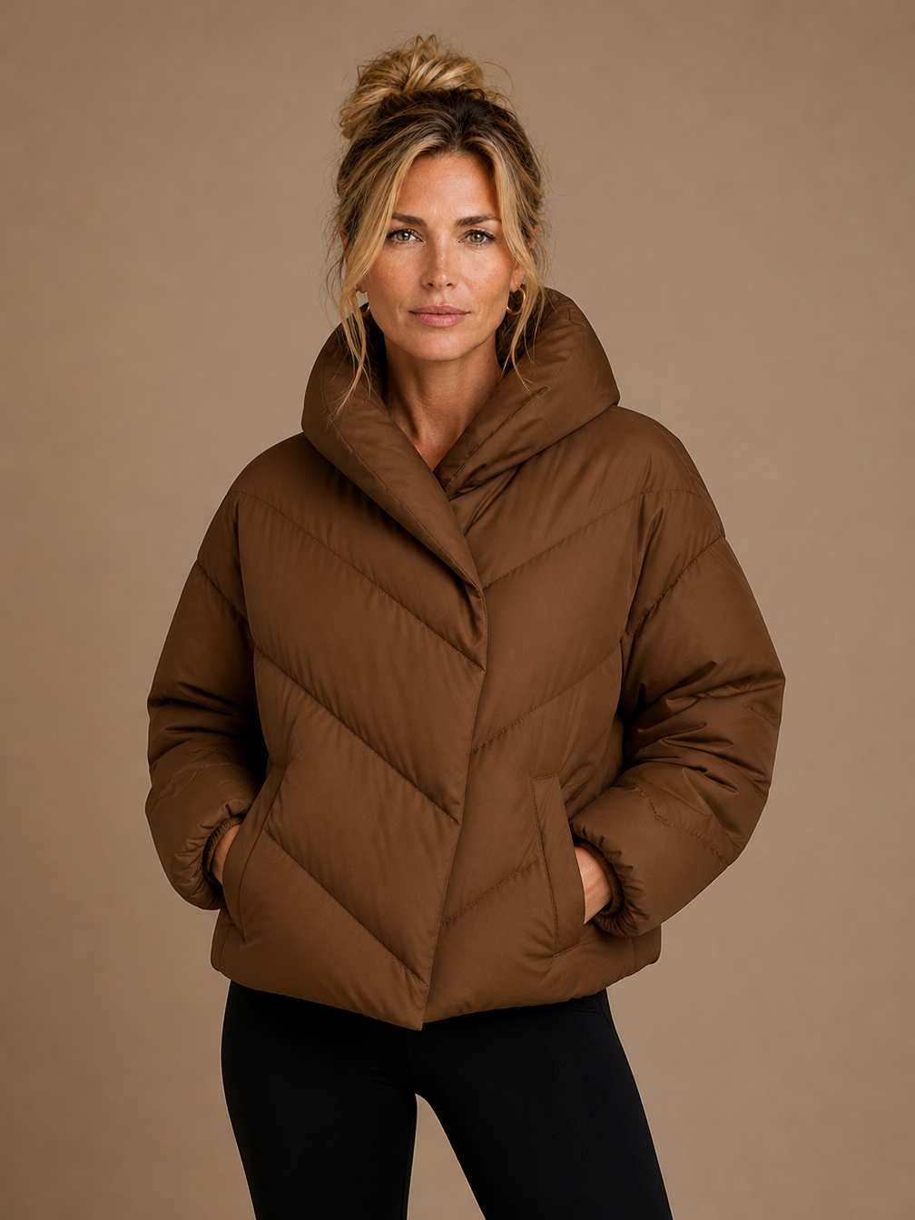 Women's Hooded Down Puffer Jacket Cropped Relaxed Fit Quilted Chevron Panels Brown - Brown