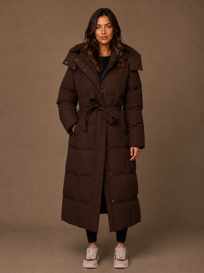 Women's Longline Quilted Puffer Coat with Hood and Tie Waist - Brown