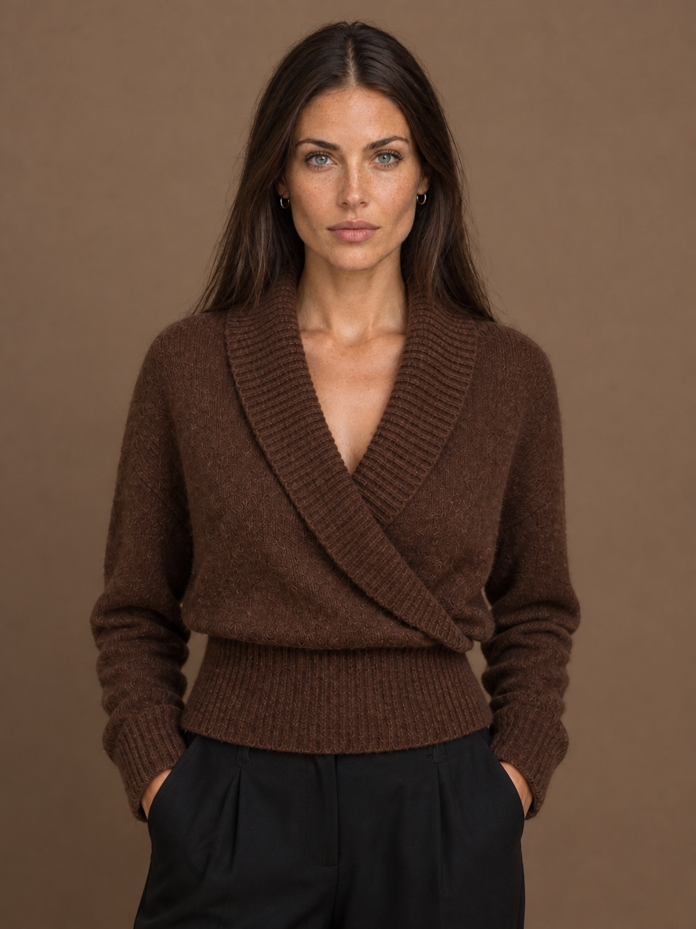 Women's Wrap Sweater with Shawl Collar, V-Neck and Ribbed Knit - Brown