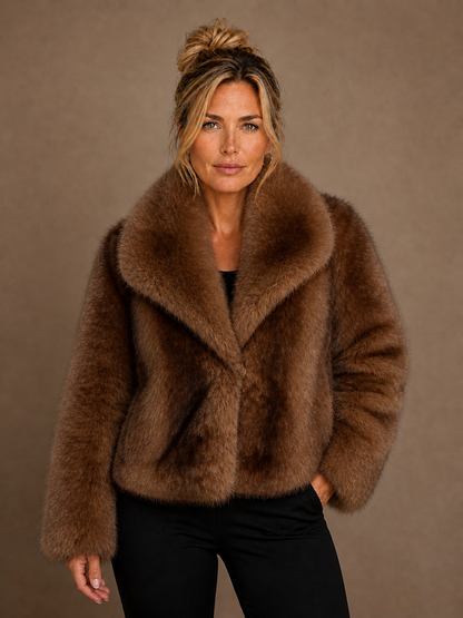 Women's Cropped Faux Fur Coat - Fluffy Winter Puffer Coat with Clasp Button Fastening - Brown
