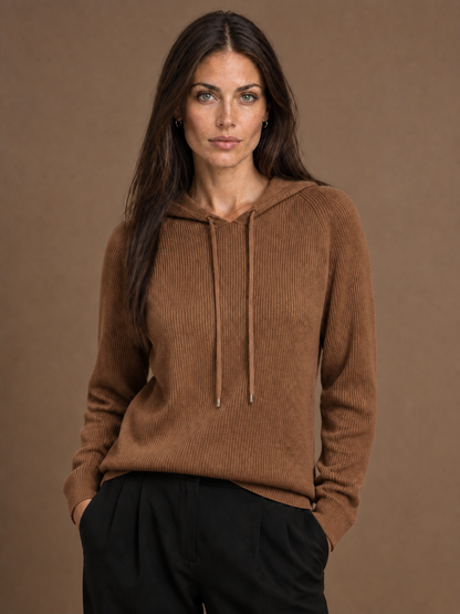 Women's Ribbed Cashmere Hoodie with Adjustable Drawstring - Brown