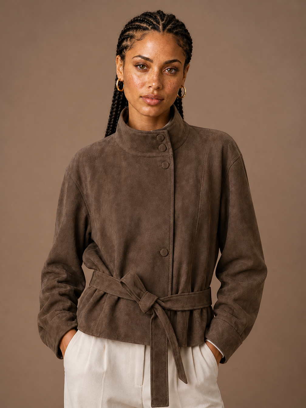 Women's Suede Funnel Neck Jacket Brown or Camel Transitional Outerwear - Brown
