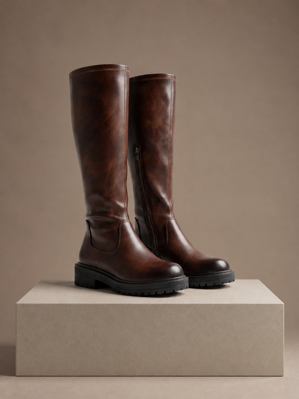 Women's Black Knee High Stretch Boots with Chunky Sole and Round Toe - Brown