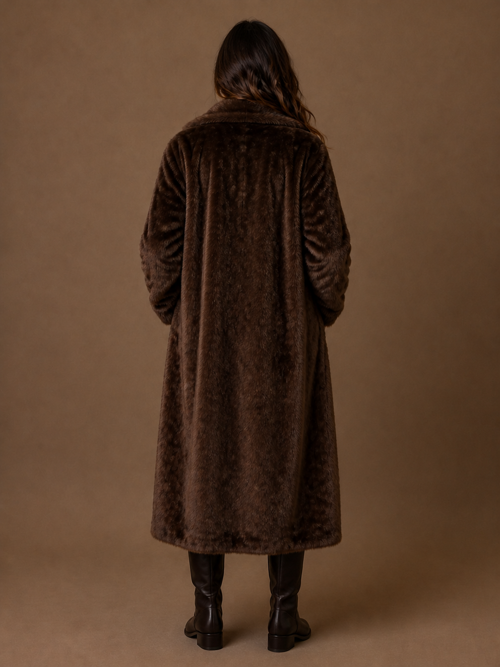 Women's Long Faux Fur Trench Coat Brown Relaxed Fit Double-Breasted Front - Brown - Back View [AI-OPT:cfc1dc92-de6b-4aa4-b7ea-4f47eac2fa44]