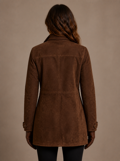Women's Brown Faux Suede Utility Jacket, Longline Relaxed Fit with Lapel Collar and Flap Pockets - Brown - Back View [AI-OPT:2b44248c-950c-4946-8270-8577f6ae63fd]