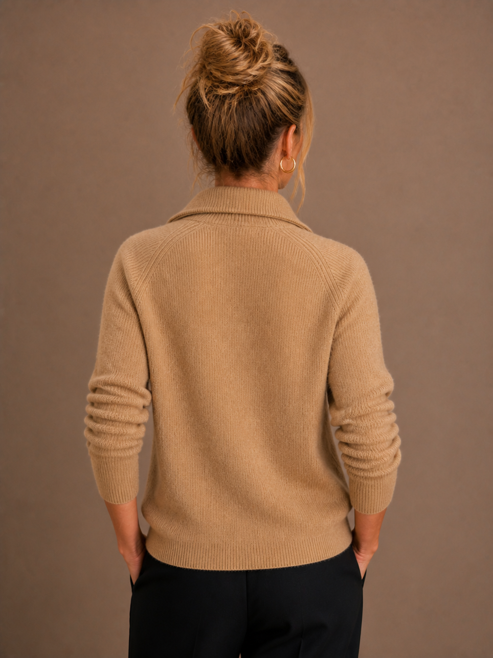 Women's Pure Cashmere Half-Zip Knitted Pullover Sweater with Long Sleeves - Brown - Back View [AI-OPT:17603276-88a4-4b29-90ab-e4f2c369184d]