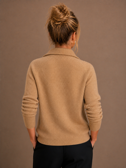 Women's Pure Cashmere Half-Zip Knitted Pullover Sweater with Long Sleeves - Brown - Back View [AI-OPT:17603276-88a4-4b29-90ab-e4f2c369184d]