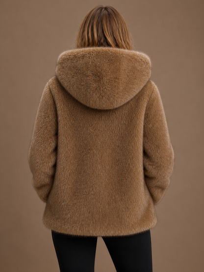 Women's Faux Fur Hooded Coat - Oversized Fluffy Cozy Teddy Warm Jacket - Brown - Back View [AI-OPT:1d109a82-ef1e-42a8-bb48-c87aa3dbdf71]