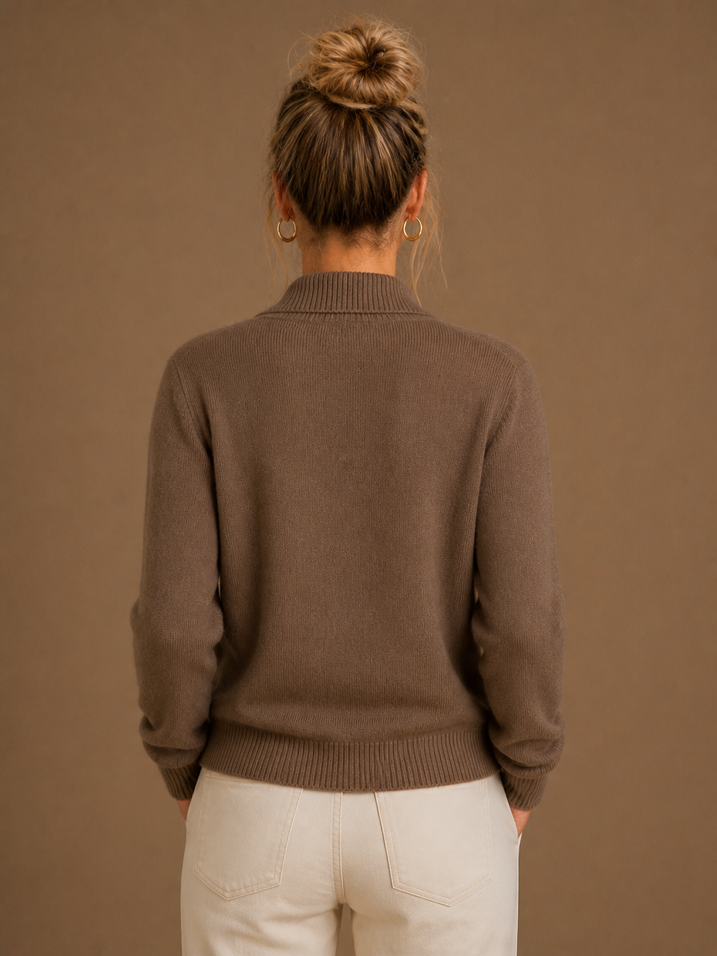 Women's Thick Cashmere Blend Cardigan with Bold Buttons and Half-High Neck - Brown - Back View [AI-OPT:47a86443-ae86-4589-a866-f5101d87525a]