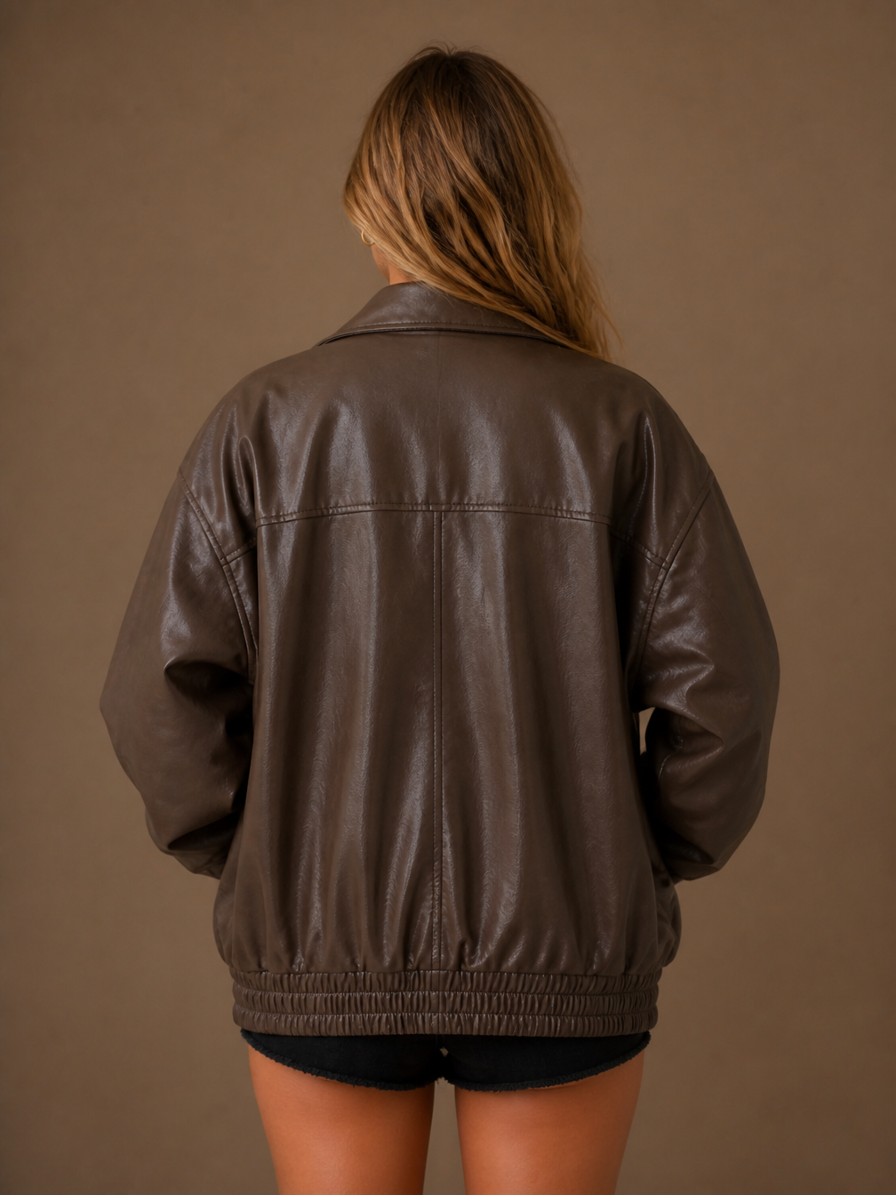 Women's Oversized PU Leather Jacket, Casual Brown or Black Faux Leather Coat - Brown - Back View [AI-OPT:24a9405c-2ce9-4e57-a025-ea9fba819529]