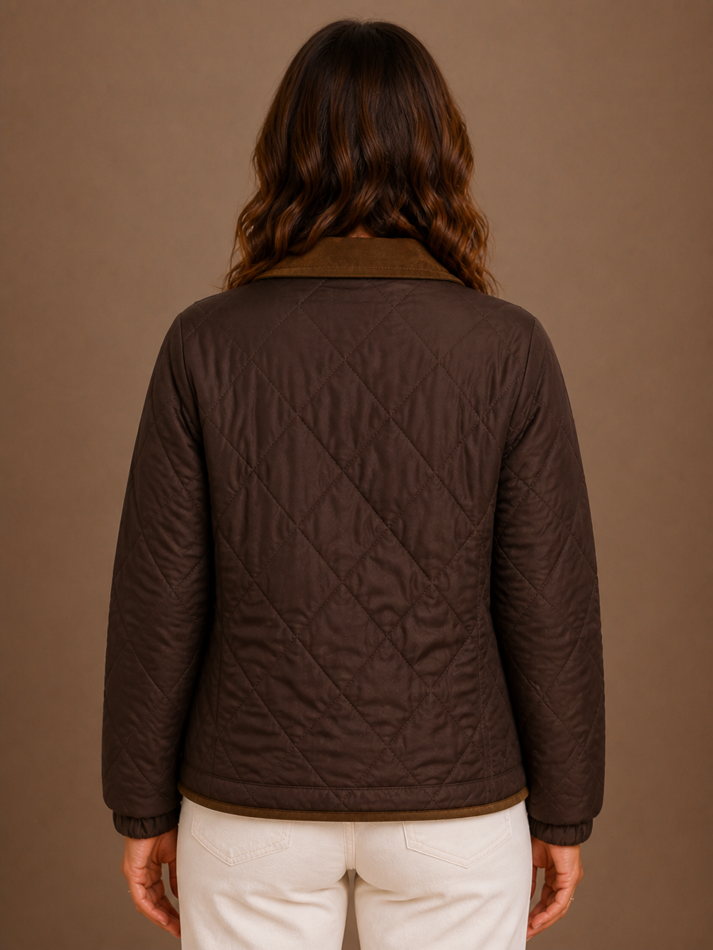 Women's Quilted Puffer Jacket with Corduroy Collar - Lightweight Padded Coat - Brown - Back View [AI-OPT:5a9e9a9d-ffbb-4eb0-9e07-41706a51b129]