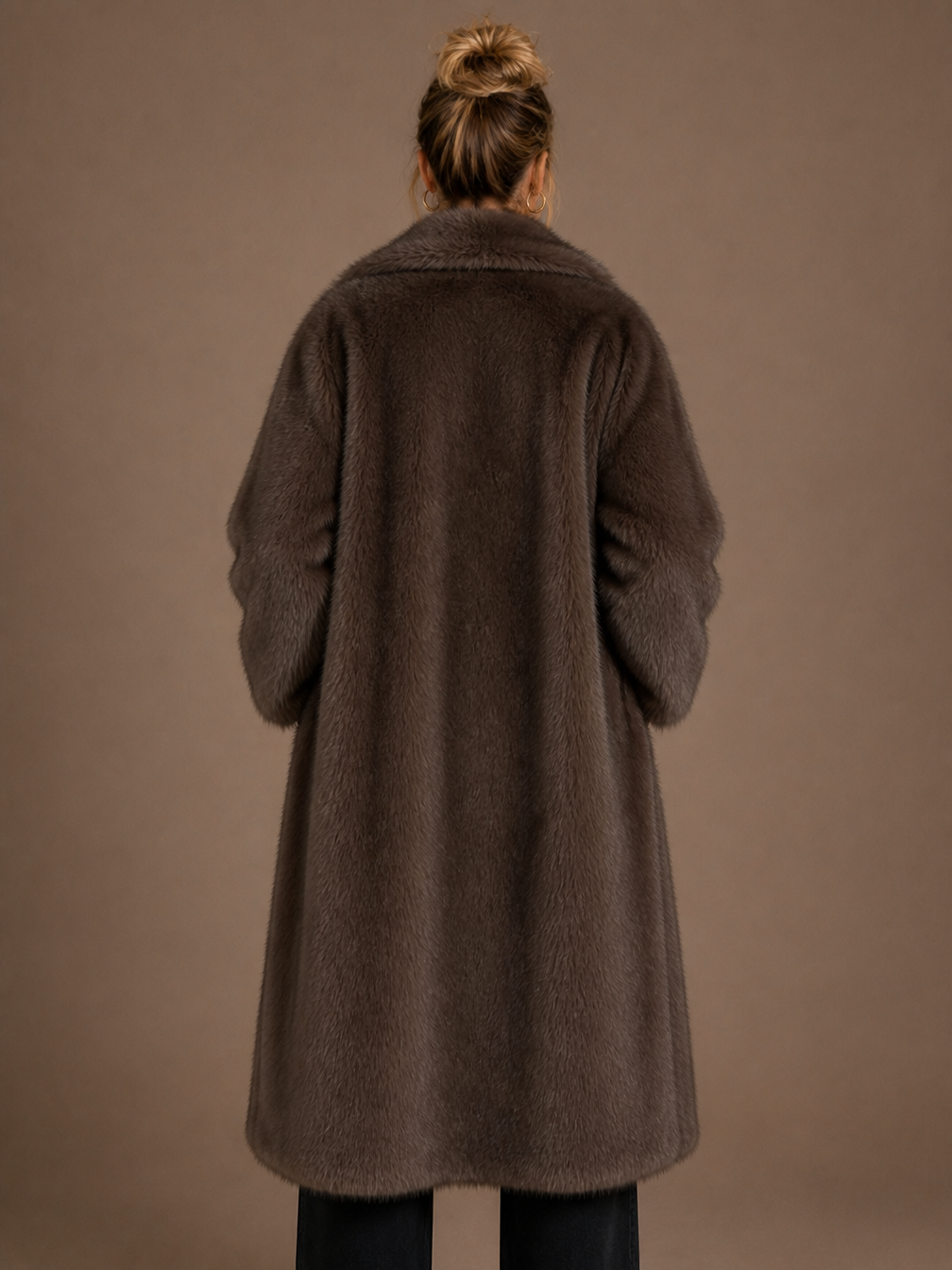 Women's Long Faux Fur Coat - Oversized Warm Dark Brown Winter Jacket - Brown - Back View [AI-OPT:9bd71017-26a6-4608-ae8e-62f9e4209813]