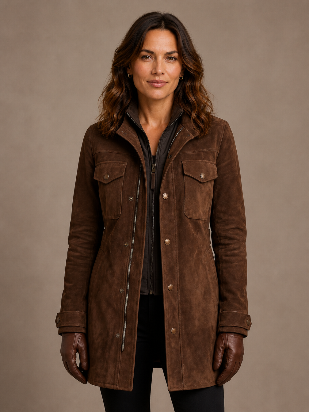 Women's Brown Faux Suede Utility Jacket, Longline Relaxed Fit with Lapel Collar and Flap Pockets - Brown