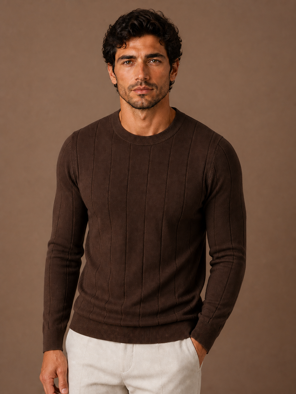 Men's Crew Neck Sweater Slim Fit Ribbed Pullover - Brown