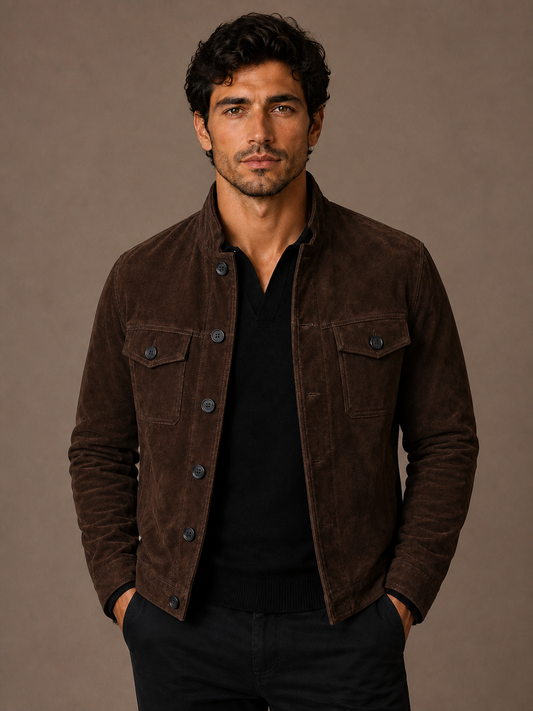 Men’s Suede Jacket with Stand Collar - Button-Up Overshirt for Layering - Brown