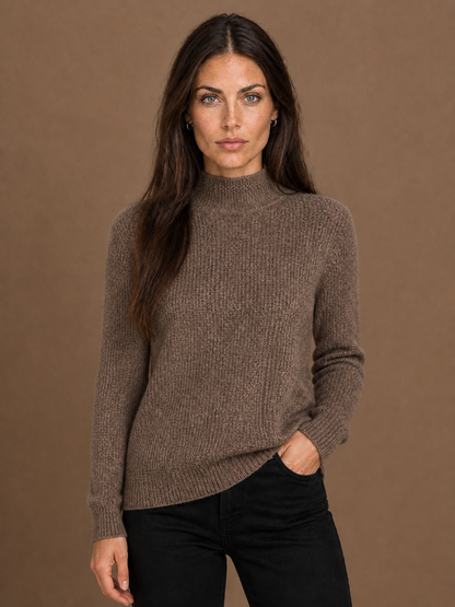 Women's Textured Mock Neck Wool Blend Jumper with Slim Fit and Ribbed Pattern - Brown