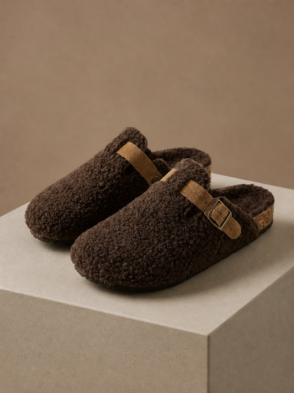 Sheepskin Mule Slippers with Warm Lining and Non-Slip Rubber Sole - Brown