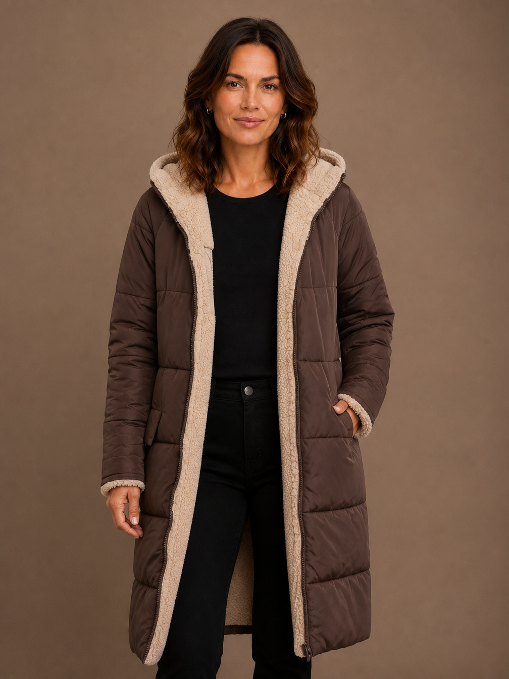 Women's Quilted Longline Coat with Hood and Sherpa Lining - Brown