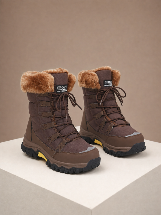 Women's Winter Boots with Warm Lining, Waterproof Textile Upper and Non-Slip Rubber Sole - Brown