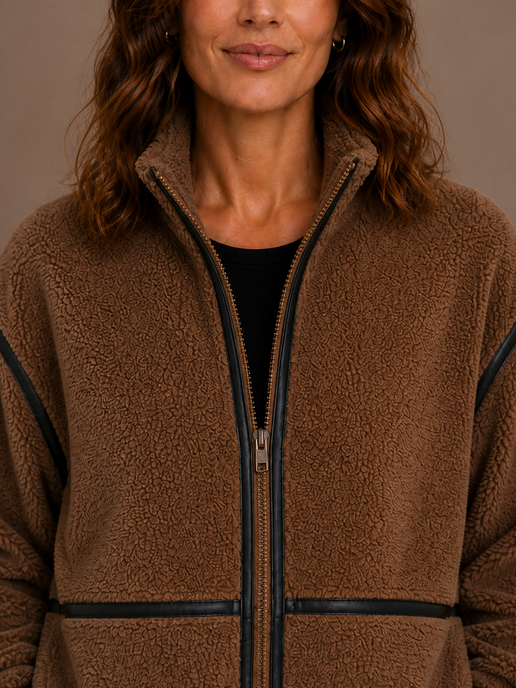 Women's Sherpa Fleece Jacket with Full Zip, Stand Collar and Patch Pockets - Brown - Detail Close-Up [AI-OPT:567b354f-1416-4864-a0bf-0a4ccb69dbe8]