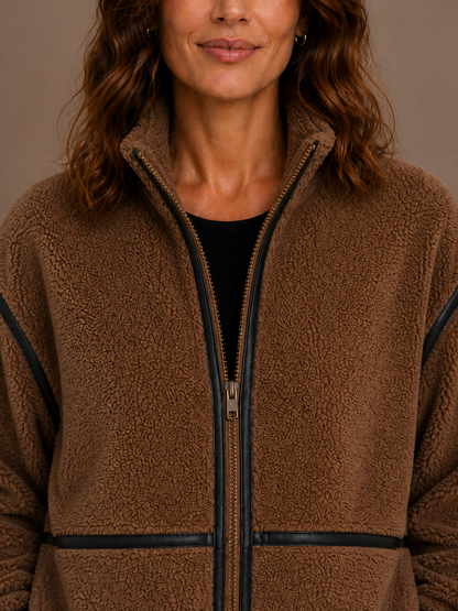 Women's Sherpa Fleece Jacket with Full Zip, Stand Collar and Patch Pockets - Brown - Detail Close-Up [AI-OPT:567b354f-1416-4864-a0bf-0a4ccb69dbe8]