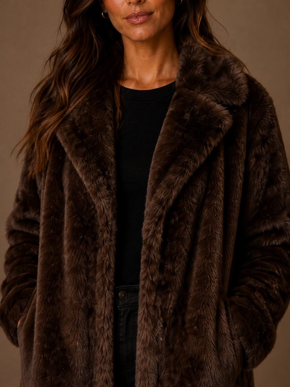 Women's Long Faux Fur Trench Coat Brown Relaxed Fit Double-Breasted Front - Brown - Detail Close-Up [AI-OPT:c77ccccd-9812-4b03-a6eb-e3f4149964fd]
