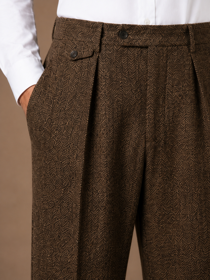 Men's Herringbone Pleated Tailored Trousers Straight Leg Smart Fit - Brown - Detail Close-Up [AI-OPT:038b8607-7038-4f94-94f4-7b30ab8a0784]