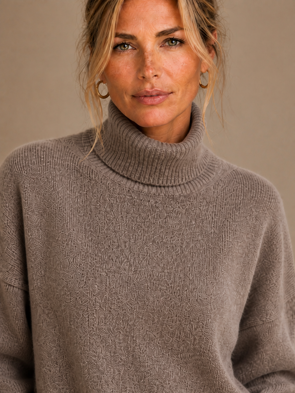 Women's Oversized Turtleneck Wool Jumper - Knitted High Neck Winter Sweater - Brown - Detail Close-Up [AI-OPT:e5001594-6e5a-4f15-80bb-09d07d84e3c7]